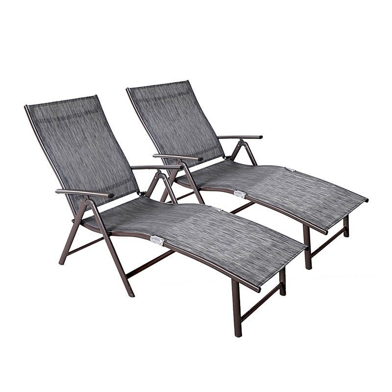 Set of 2 Gray and Brown Aluminum Adjustable Chaise Lounges