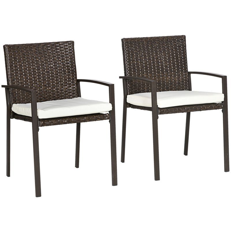 Brown Wicker Outdoor Dining Chairs with White Cushions, Set of 2