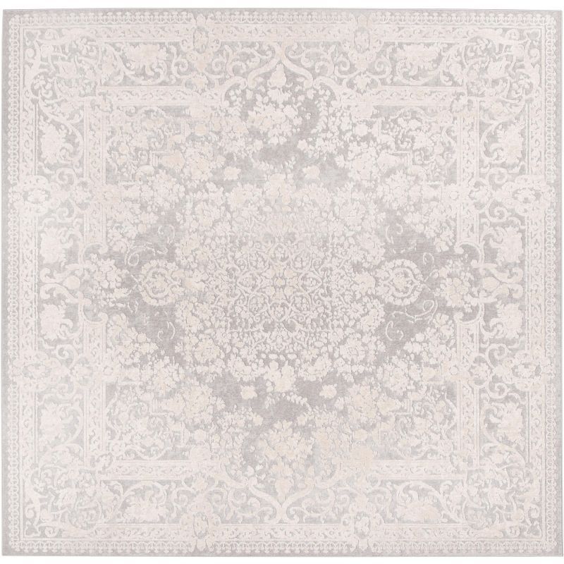 6'7" Square Light Grey and Cream Floral Synthetic Area Rug