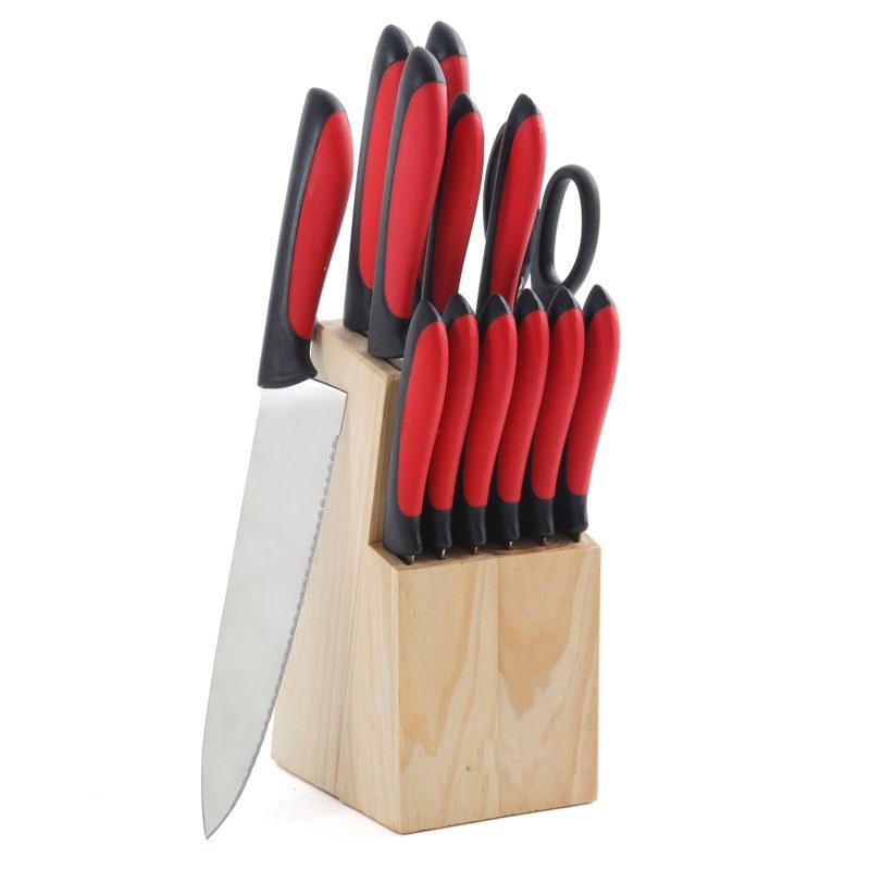 MegaChef 14-Piece Red and Black Stainless Steel Cutlery Set with Wood Block