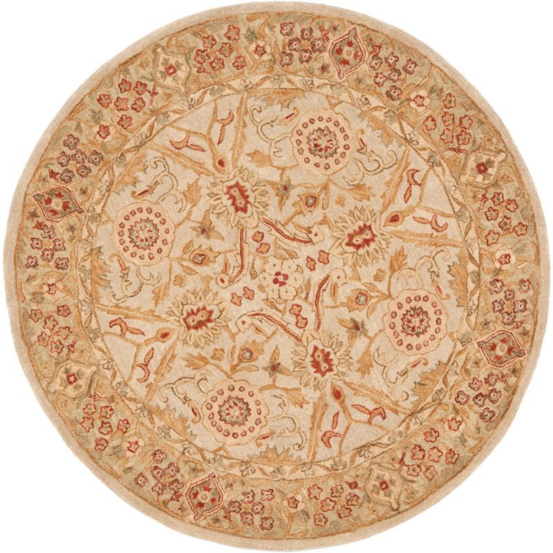 Anatolia Round Grey Beige Sage Floral Wool Area Rug