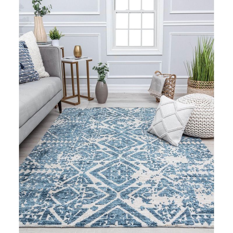 5' x 7' Blue Geometric Stain-Resistant Synthetic Area Rug