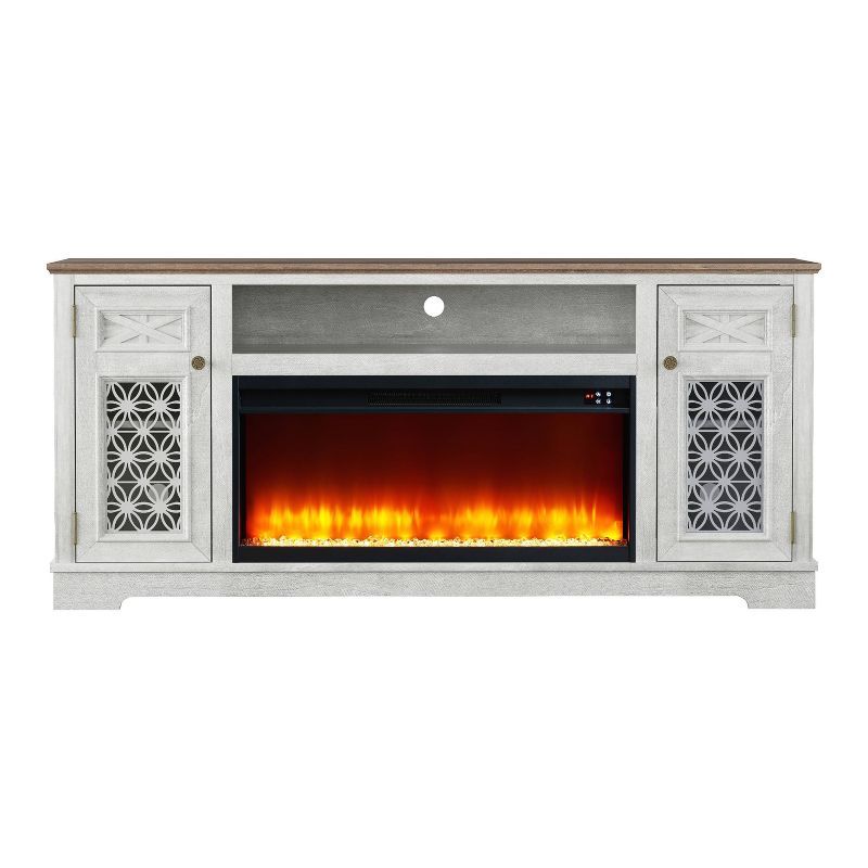 Saw Cut Off White 70" TV Stand with Fireplace and Cabinets