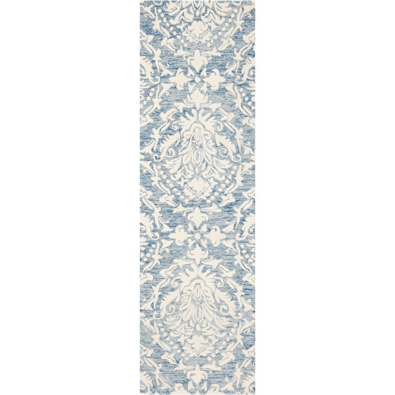 Elegant Blue/Ivory Floral Tufted Wool Runner Rug - 2'3" x 6'