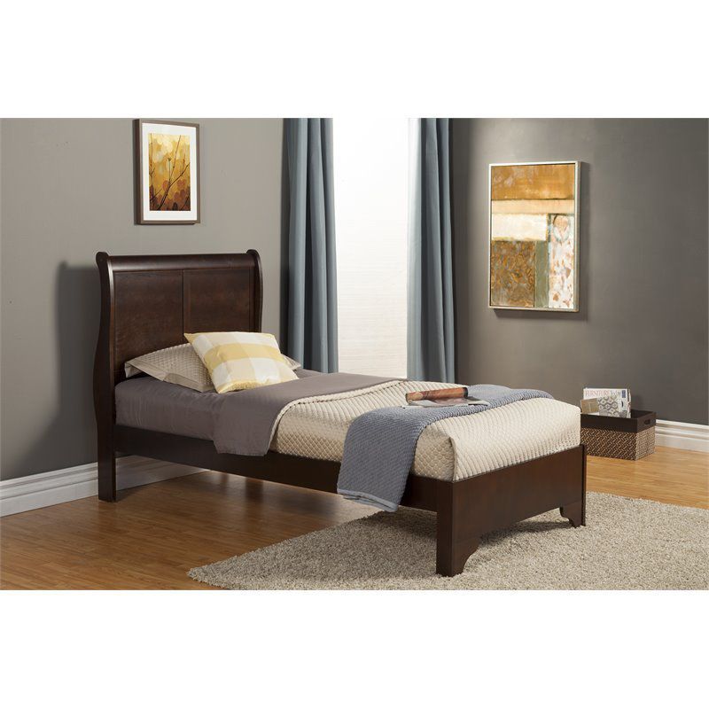 Transitional Twin Sleigh Bed with Drawer in Rich Cappuccino Wood
