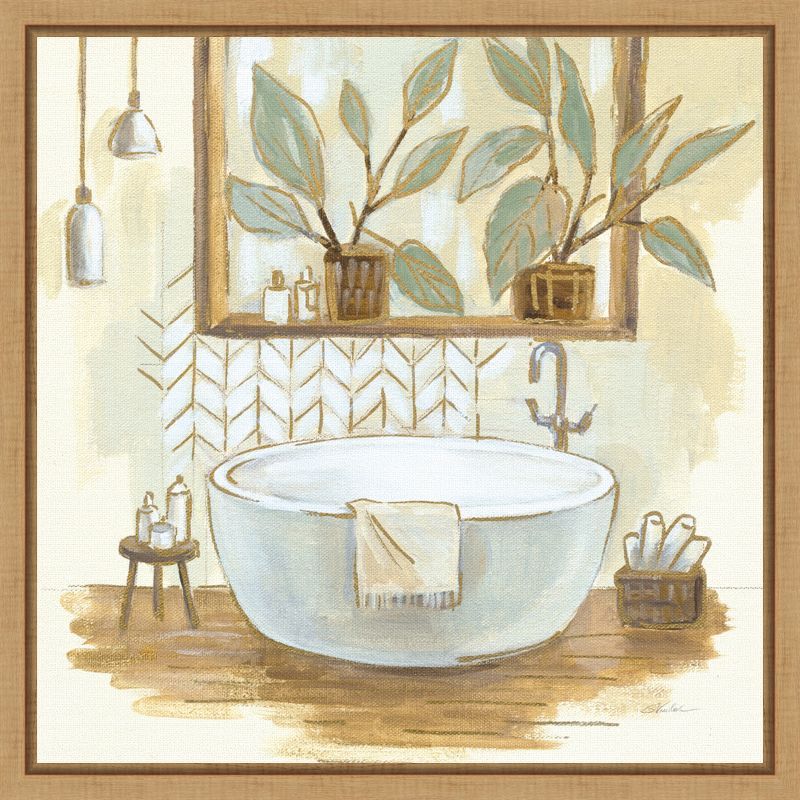 Sage Bathroom Still Life Canvas Wall Art in Maple Frame