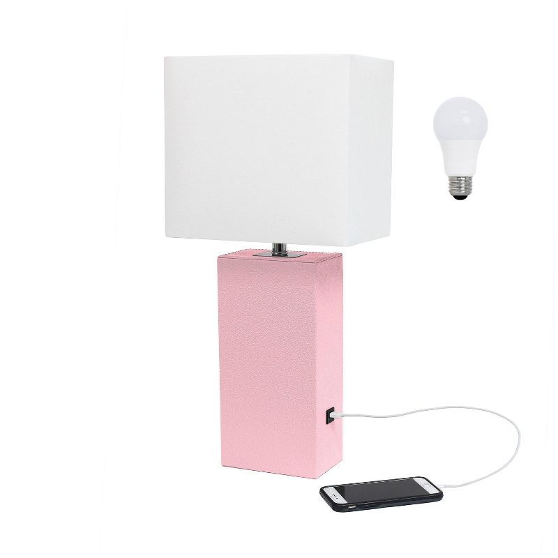 21" Pink Leather Wrapped Table Lamp with USB Port and LED Bulb
