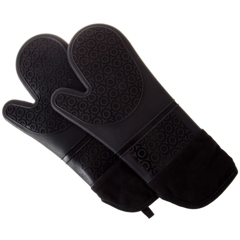 Extra Long Black Silicone Oven Mitts with Quilted Lining