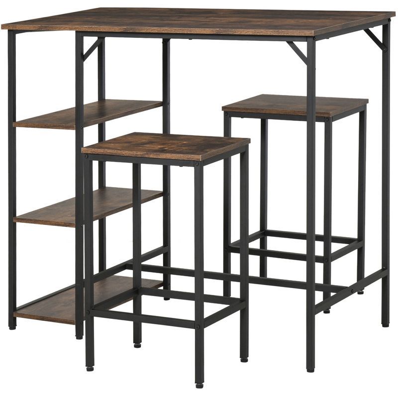 Rustic Brown Industrial 3-Piece Pub Table Set with Storage