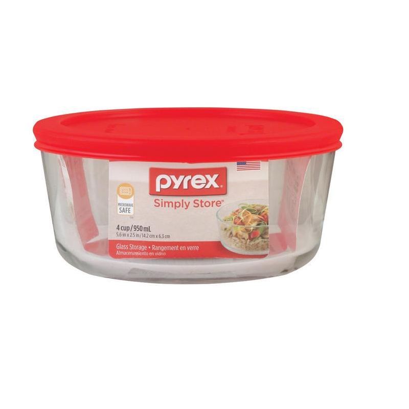 Pyrex 4-Cup Clear Glass Storage Bowl with Red Lid