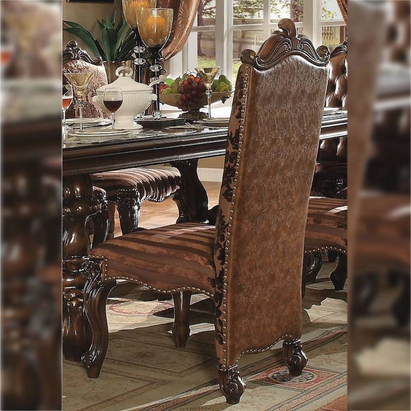 Brown Faux Leather Floral Wood Dining Side Chairs Set of 2