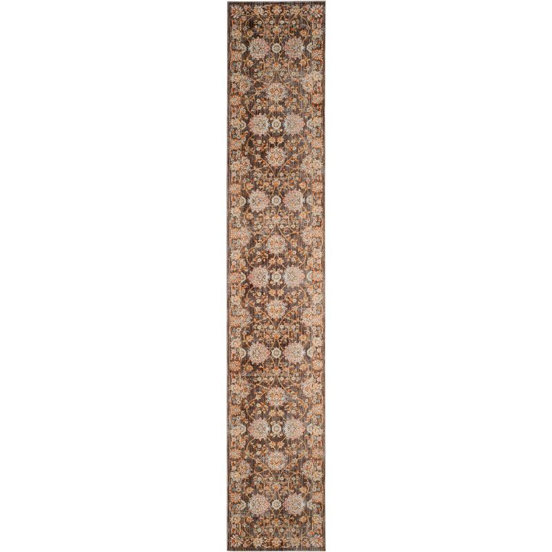 Brown Floral Motif Synthetic Runner Rug with Trim Embellishment