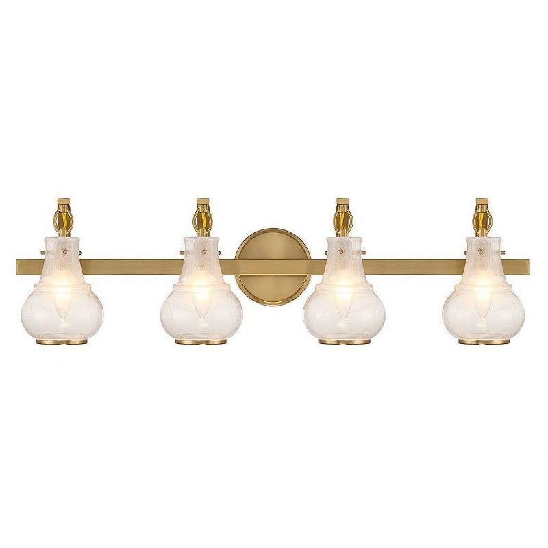 Warm Brass 4-Light Vanity with White Strie Glass Shades