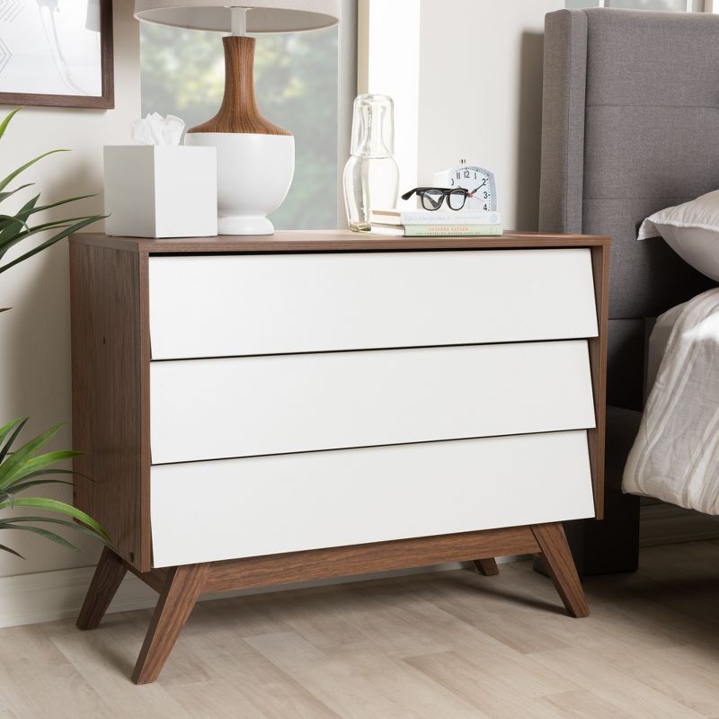 Hildon White and Walnut Mid-Century Modern 3-Drawer Chest