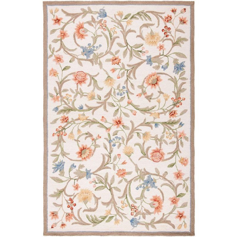 Ivory Floral Hand-Hooked Wool Area Rug, 5'3" x 8'3"