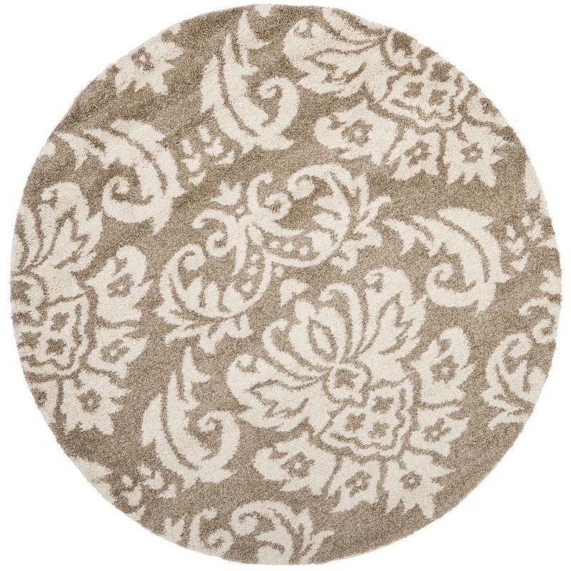 Gray Floral Shag Round Easy-Care Synthetic Rug 47"