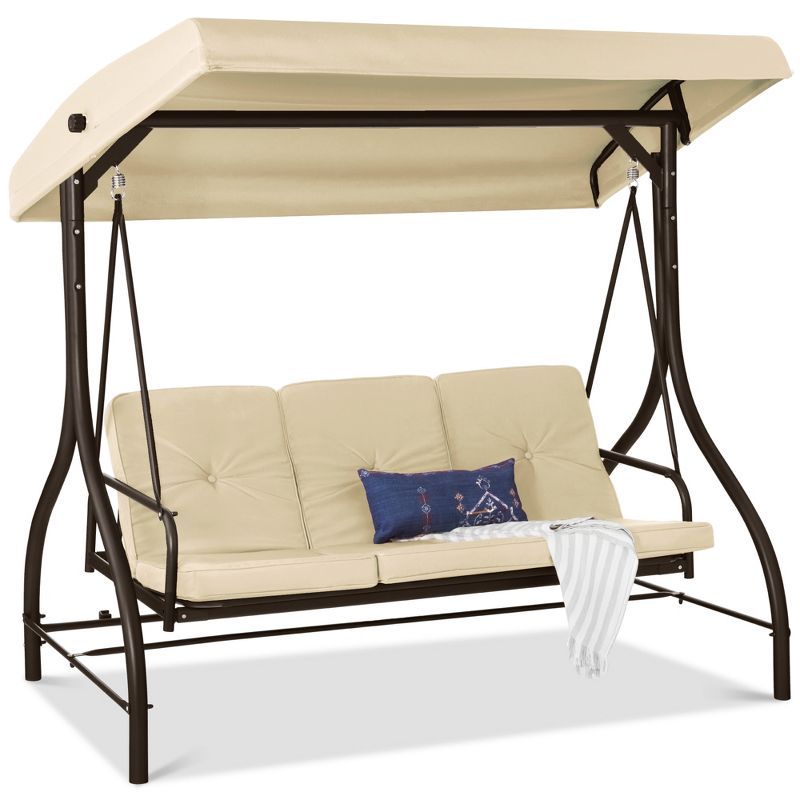 Ivory 3-Seat Outdoor Steel Canopy Swing Glider with Cushions