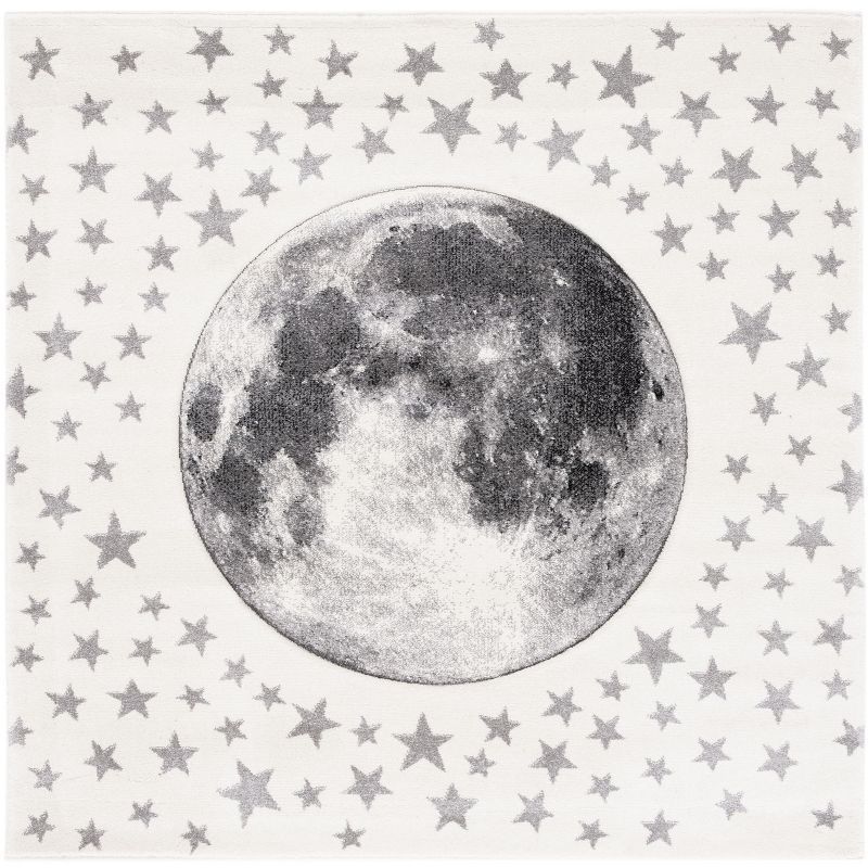 Ivory and Grey Square Synthetic Kids Rug with Moon and Stars Design