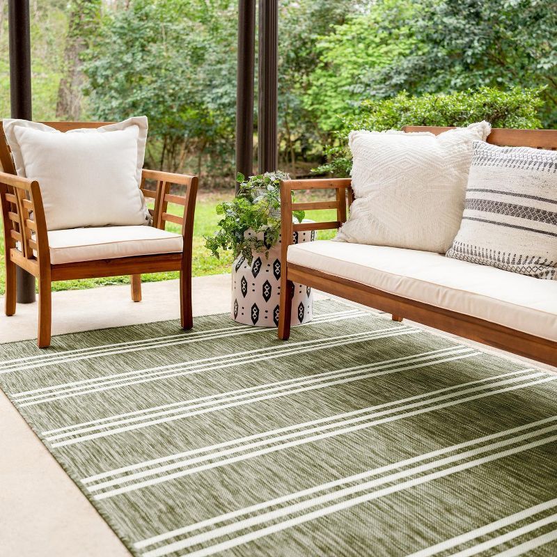 Costa Verde Stripe 7' x 10' Outdoor Easy Care Rug - Green and Ivory