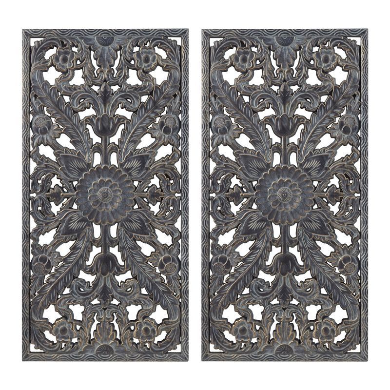 Bronze and Silver Botanical Carved Wood Wall Decor Set, 2-Piece