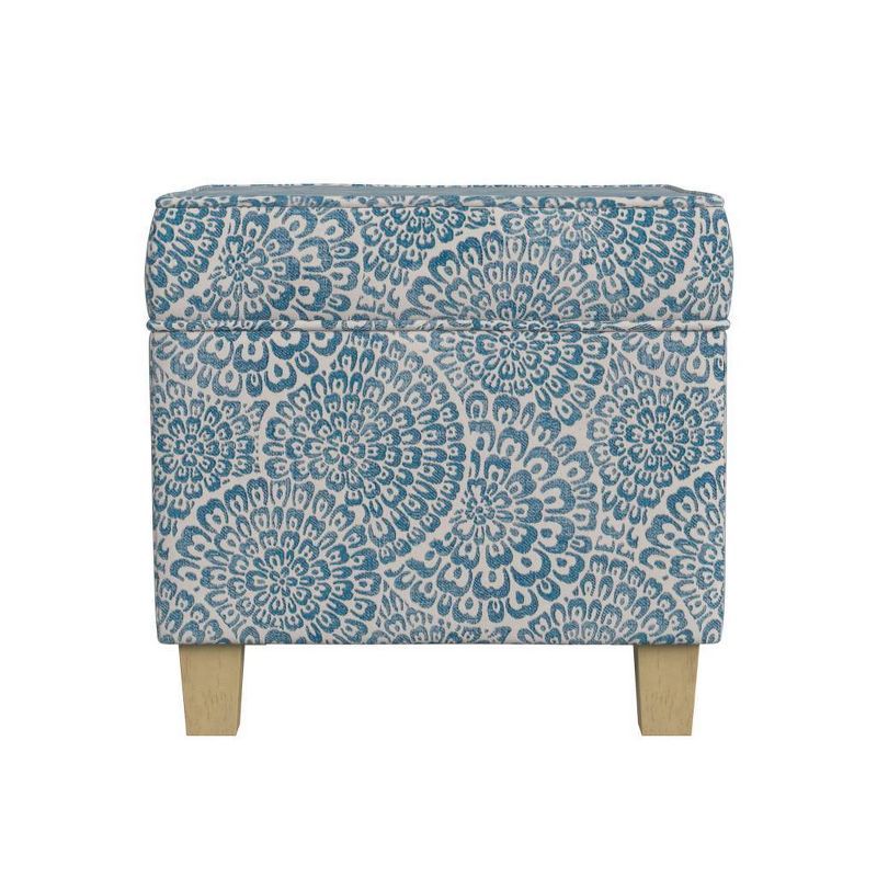 Blue and Cream Floral Square Storage Ottoman with Wood Legs