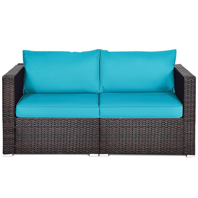 Blue Wicker and Metal Two-Seater Sectional Sofa