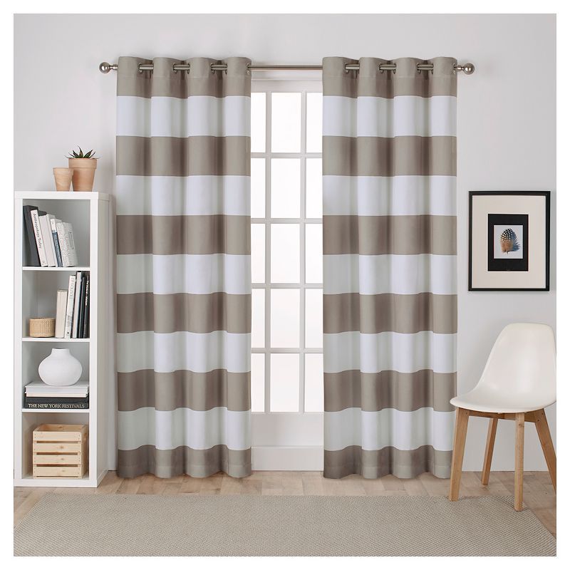 Taupe and White Cotton-Polyester Cabana Stripe Grommet Curtains