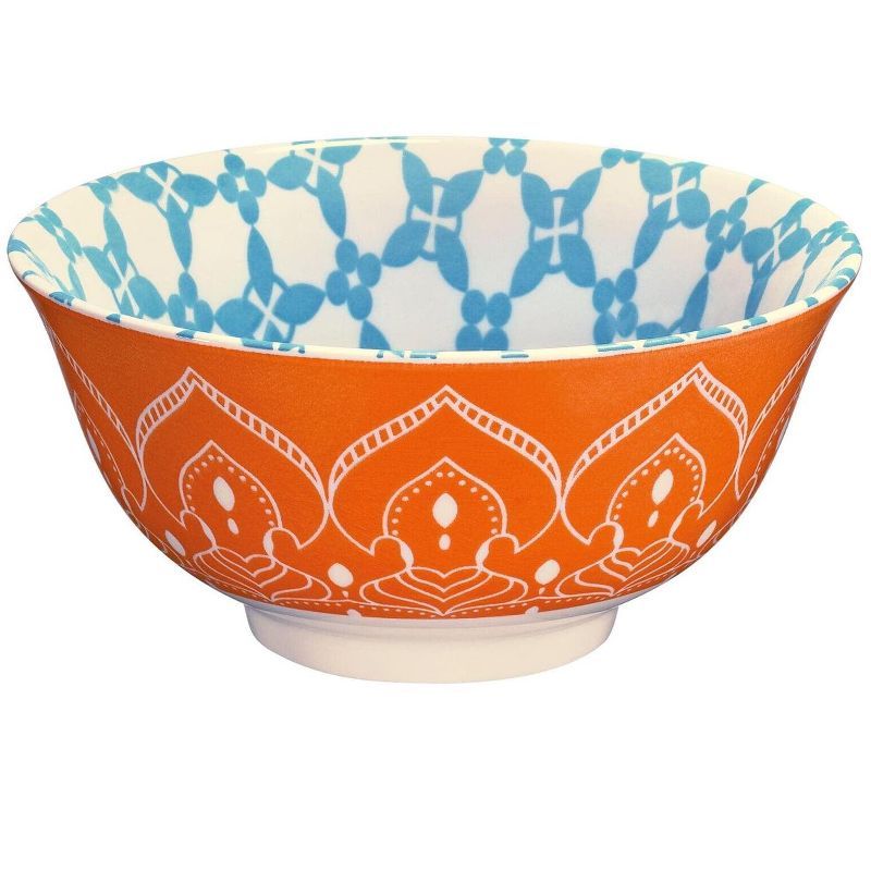 Mandala Pattern Orange and Blue Ceramic Cereal Bowls, Set of 6