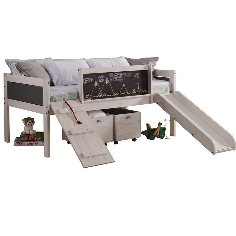 White Wash Pine Twin Loft Bed with Toy Boxes and Slide