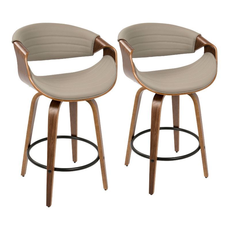 Set of 2 Gray Faux Leather Swivel Counter Stools with Walnut Wood