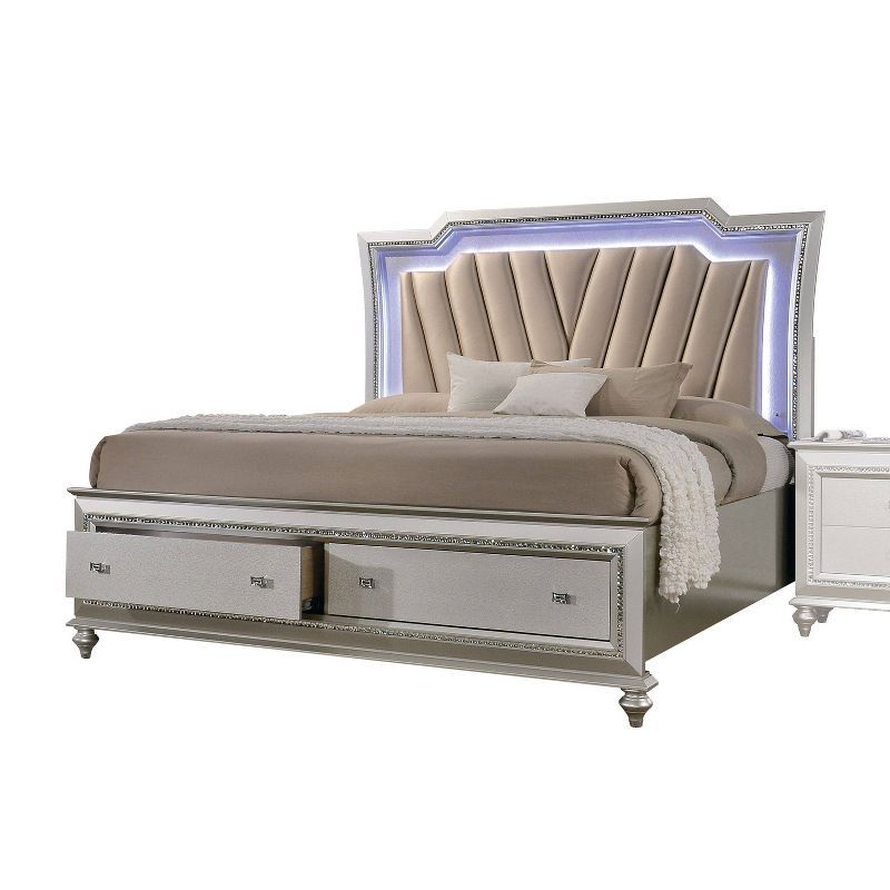 Queen Champagne Faux Leather Upholstered Storage Bed with LED Headboard