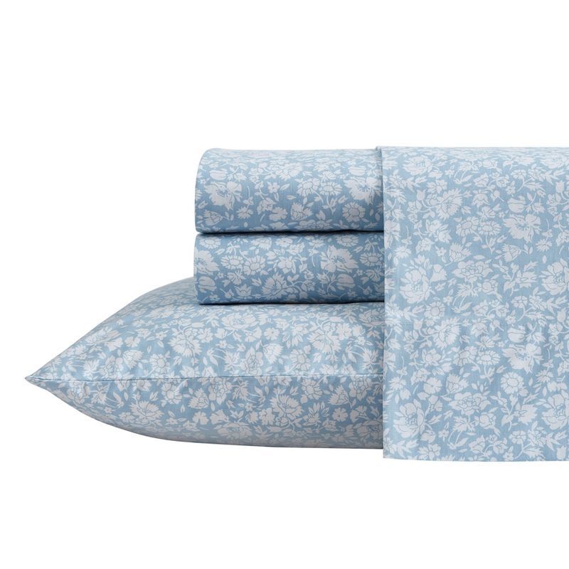 Blue Floral Cotton Percale Twin Sheet Set