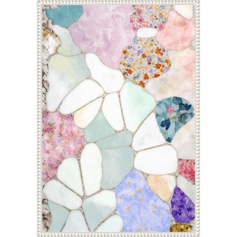 Floral Mosaic Abstract Canvas Art with White Beaded Frame