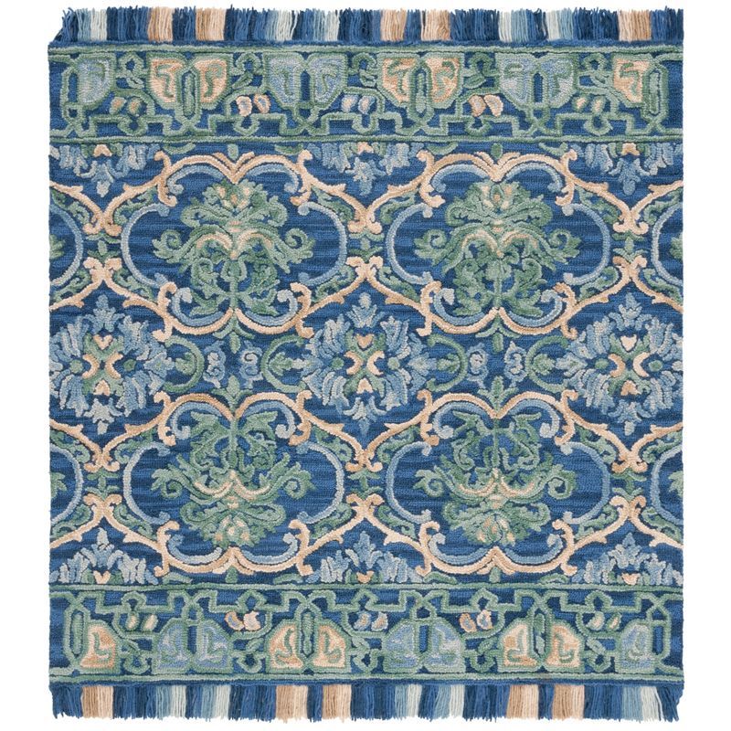 Handmade Navy and Green Square Tufted Wool Area Rug - 6' x 6'