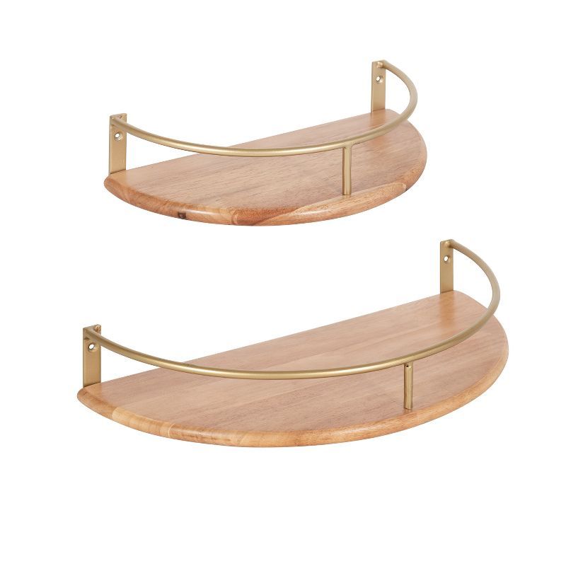 Natural Wood and Gold Floating Semi-Circle Wall Shelves