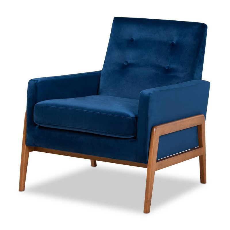 Navy Blue Velvet & Walnut Brown Wood Accent Chair