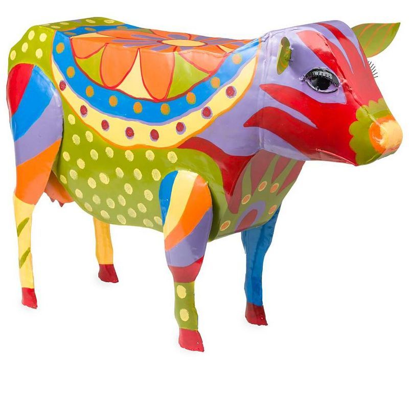 Handmade Colorful Painted Folk Art Cow Metal Side Table