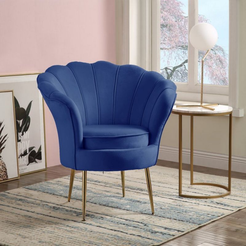 Angelina Blue Velvet Barrel Accent Chair with Gold Metal Legs