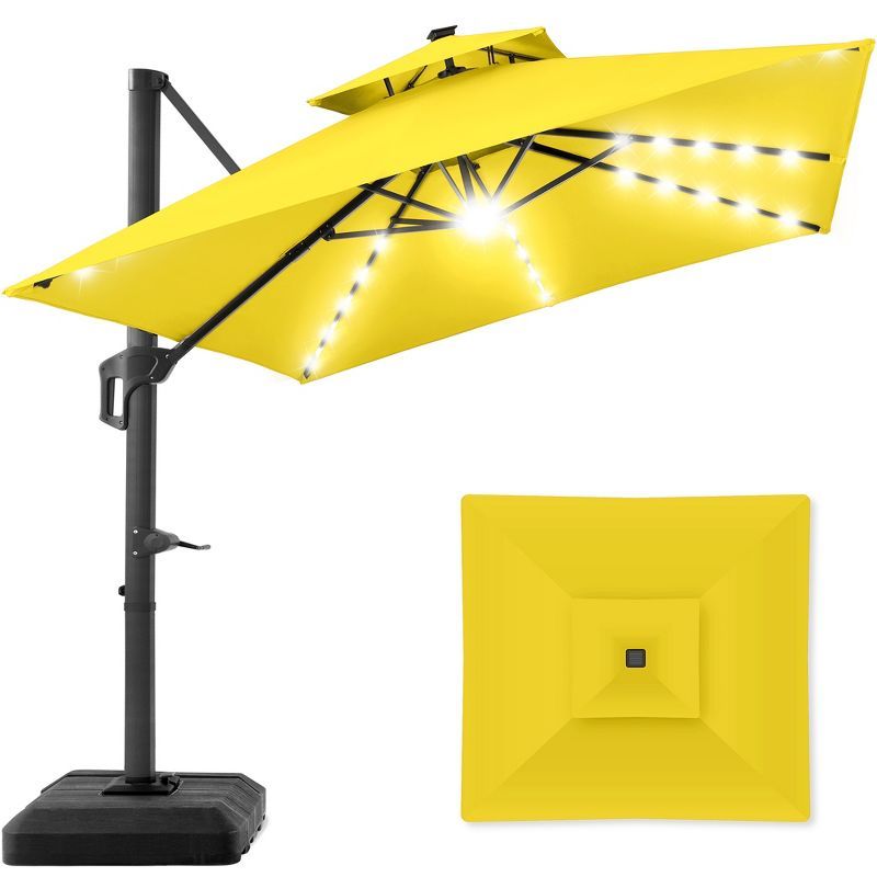 Yellow 10x10ft Solar LED Cantilever Patio Umbrella with Base