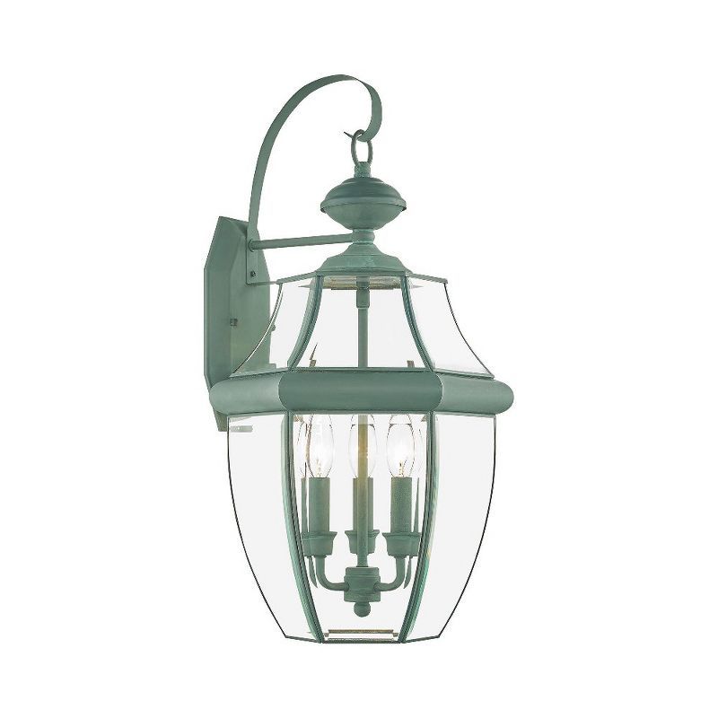 Verdigris Brass 3-Light Outdoor Wall Lantern with Clear Beveled Glass