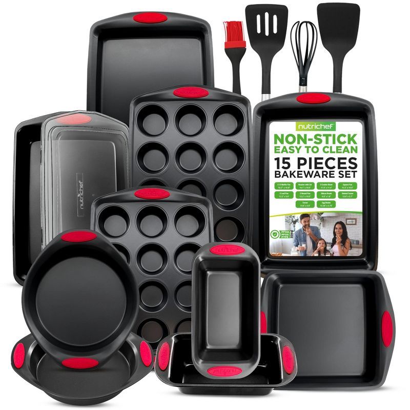 NutriChef 15-Piece Nonstick Black Carbon Steel Bakeware Set with Red Handles