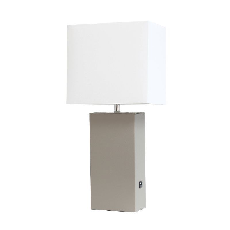 Modern Gray Leather Table Lamp with USB and White Fabric Shade