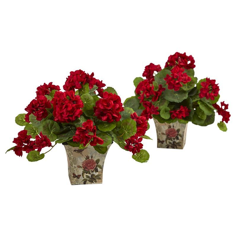 Vibrant Silk Geranium Arrangement in Decorative Planter - Set of 2