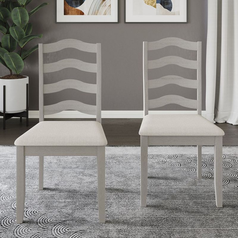 White Wooden Ladderback Side Chair with Linen Upholstery