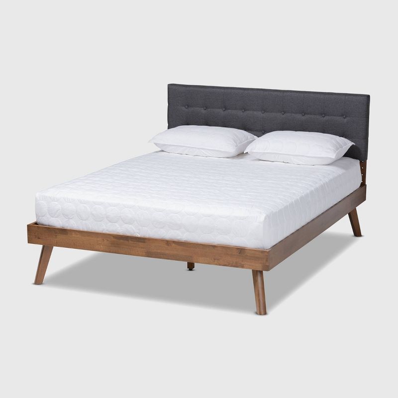 Devan King-Sized Walnut Wood & Grey Upholstered Tufted Bed