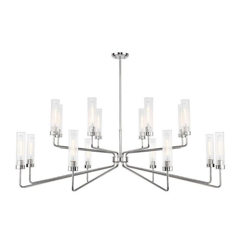 Polished Nickel 16-Light Chandelier with Clear Ribbed Glass Shades