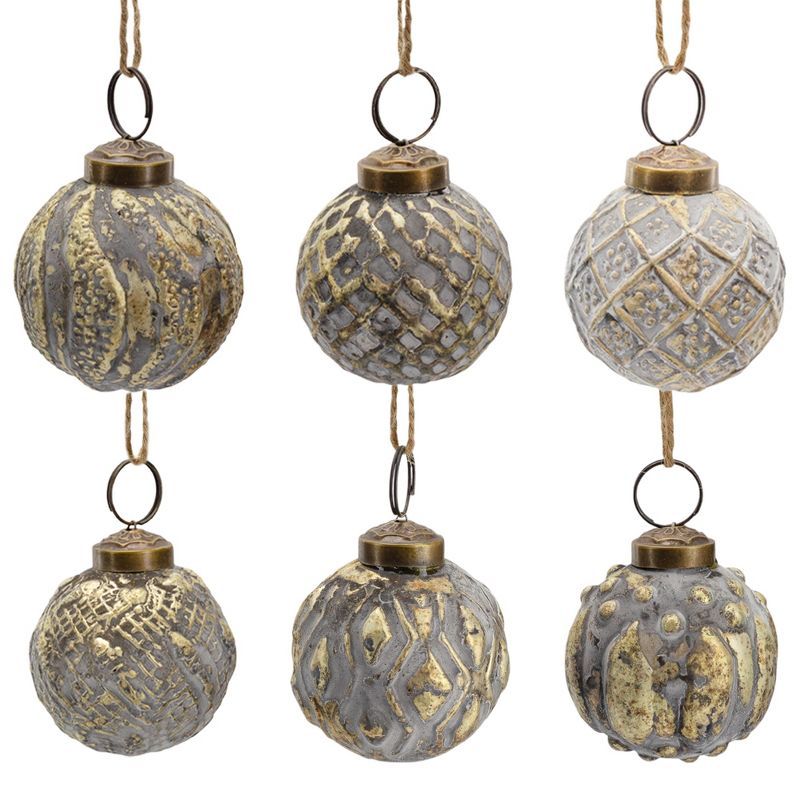 Distressed Silver and Gold Glass Ball Ornaments Set of 6