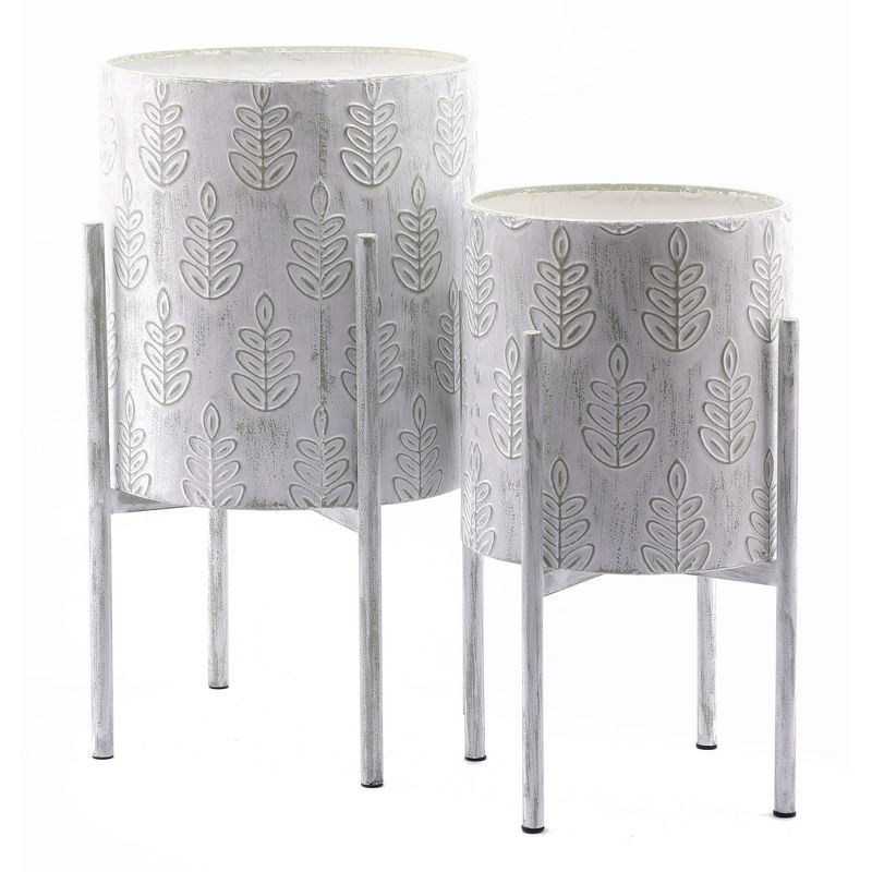 Elegant White and Sage Metal Leaf Embossed Planter Set with Stand