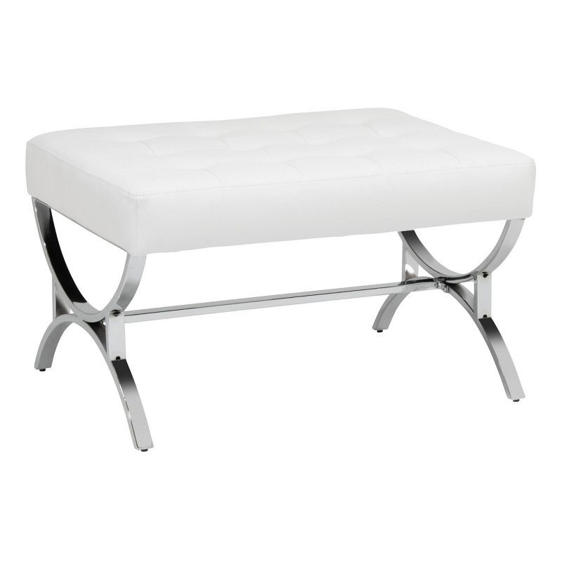 White Tufted Bonded Leather Ottoman with Chrome Frame