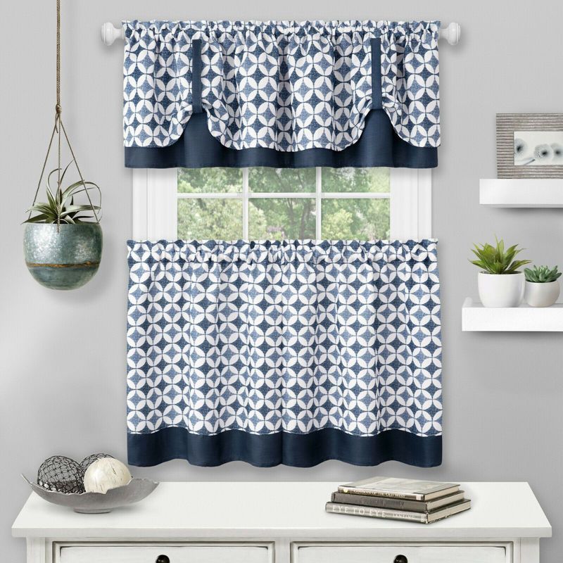 Navy Geometric Polyester Kitchen Curtain Tier and Valance Set